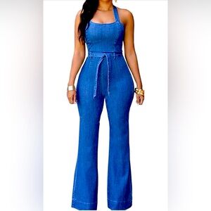 Halter Lace Up Backless Blue Denim Long Jumpsuit Playsuit Rompers With Belt
